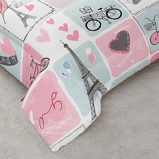 Pink Eiffel Tower Comforter Set Queen Paris Theme Bedding Sets 3PCS for Kids Teen Adult Girl Room Decor Ultra-Soft Lightweight Microfiber 1 Comforter with 2 Pillowcases