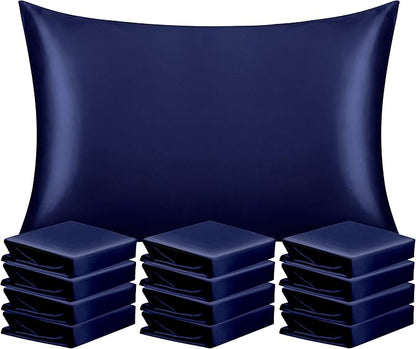 NTBAY 12 Pack Satin Queen Pillowcases for Hair and Skin, Luxurious and Silky Pillow Cases with Envelope Closure, 20 x 30 Inches, Navy Blue