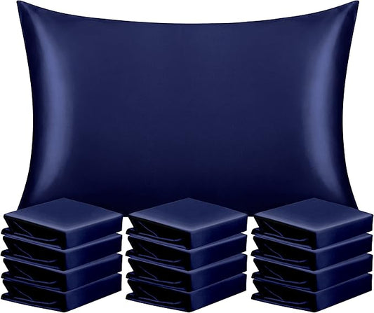 NTBAY 12 Pack Satin Queen Pillowcases for Hair and Skin, Luxurious and Silky Pillow Cases with Envelope Closure, 20 x 30 Inches, Navy Blue