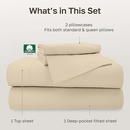 California Design Den Natural 100% Cotton Sheets Queen Size Bed Set - 500 Thread Count Sateen, Fully Elasticized Deep Pockets for a Snug Fit, Breathable Bedding - Beige
