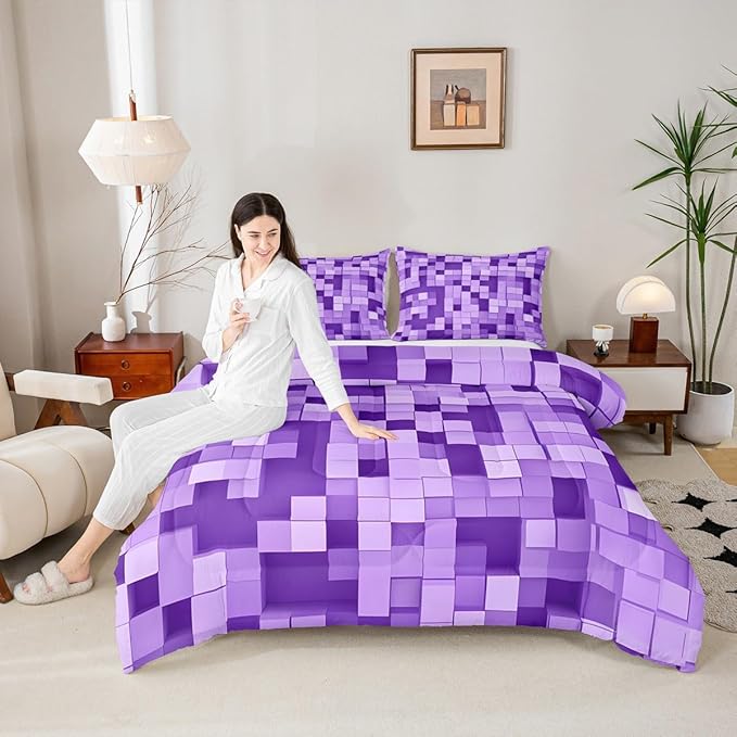 Pixel Grid Miners Kids Bedding Set King Size,Video Games Plaid Lattice Comforter Set,Geometric Check Quilt Comforter,Light Purple Bedroom Duvet Insert,2 Pillowcases