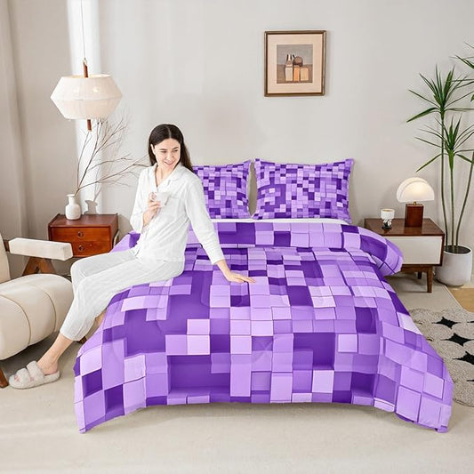 Pixel Grid Miners Kids Bedding Set King Size,Video Games Plaid Lattice Comforter Set,Geometric Check Quilt Comforter,Light Purple Bedroom Duvet Insert,2 Pillowcases