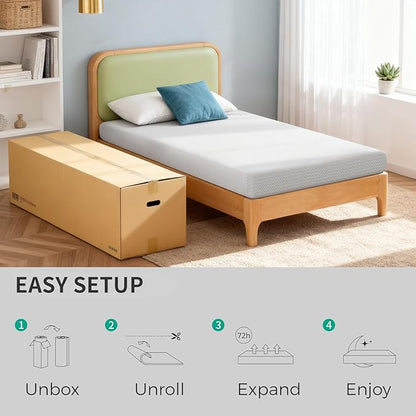 FDW 5 Inch Twin Mattress, Medium Firm Gel Memory Foam, Cooling Ventilated Foam, Pressure Relief, White, Removable Washable Cover, Bed in a Box, CertiPUR‑US Certified