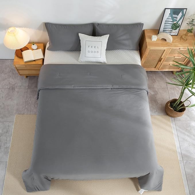 COTTEBED Ultra-Soft Gray Comforter Sets Queen Full Sized Bedding - All Season Lightweight Fuzzy Fluffy Modern Washed Polycotton Microfiber - 1 Bed Down Comforters &2 Pillowsham (Queen/Full,Dark Grey)