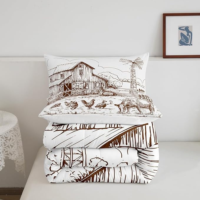 Windmill Comforter Set Full, Rustic Barn Farmhouse Bedding, Chick Cow Farm Animals Down Comforter, Hand Drawn Illustration Bedding Comforters, Countryside Rural Meadow Room Decor Duvet Set, Taupe