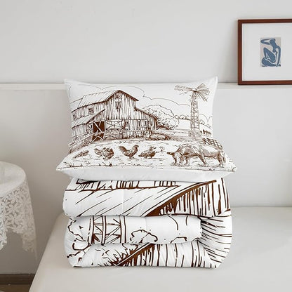 Windmill Comforter Set Full, Rustic Barn Farmhouse Bedding, Chick Cow Farm Animals Down Comforter, Hand Drawn Illustration Bedding Comforters, Countryside Rural Meadow Room Decor Duvet Set, Taupe