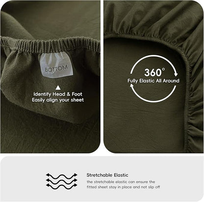 MooMee Fitted Bottom Sheet Only 100% Washed Cotton Linen Like Textured Breathable Durable Soft Comfy Deep Pocket Fits Mattress up to 17" (Olive Green, King)