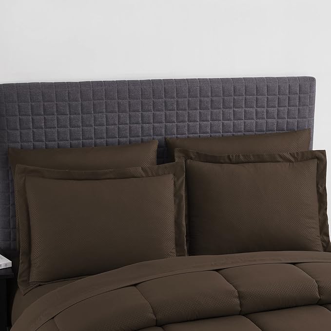 Queen Comforter Set 8 Piece Bed in a Bag with Bed Skirt, Fitted Sheet, Flat Sheet, 2 Pillowcases, 2 Pillow Shams, Queen, Checkered Chocolate