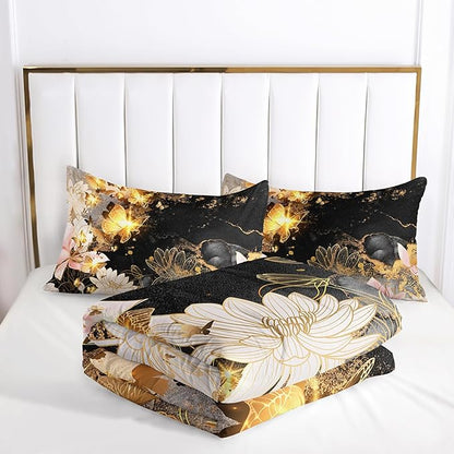 Butterfly Flowers Comforter Set Queen Lotus Floral Bedding Sets 3PCS for Kids Teen Adult Room Decor Ultra-Soft Lightweight Microfiber 1 Comforter with 2 Pillowcases