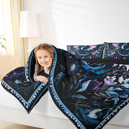 Feelyou Dragon Bedding Set Soft for Boys Girls, Wild Life Comforter Set King Size Jungle Dragon Duvet Quilt Microfiber Wild Animal Bedroom Decor Dark Blue 3 Pcs with 2 Pillow Cases