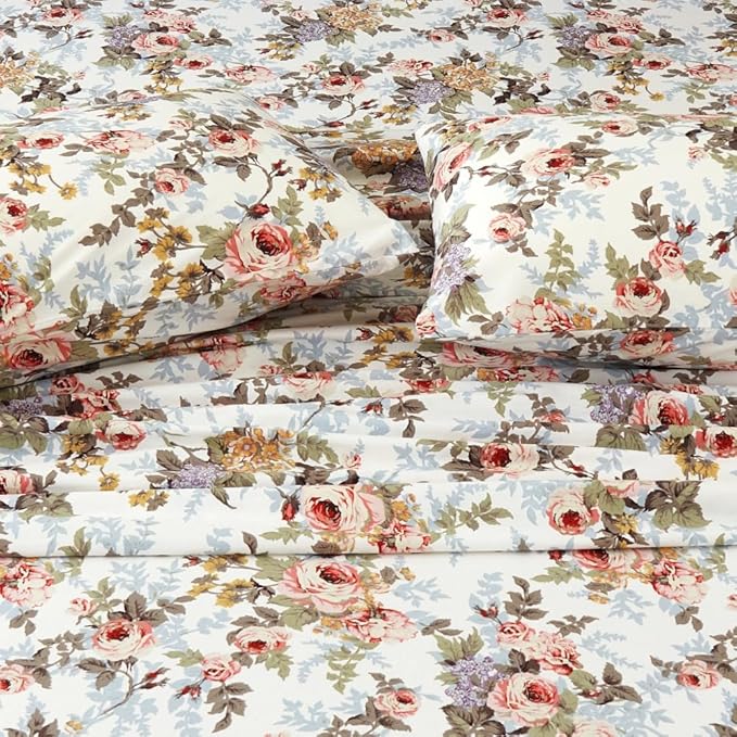 DAUAOTO 100% Cotton Sheets Set Twin Size Printed Bedding Sets, Up to 14" Deep Mattress, Classic Vintage Flower Pattern Bedlinen Set, Rose Floral