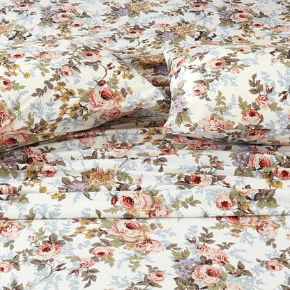 DAUAOTO 100% Cotton Sheets Set Twin Size Printed Bedding Sets, Up to 14" Deep Mattress, Classic Vintage Flower Pattern Bedlinen Set, Rose Floral