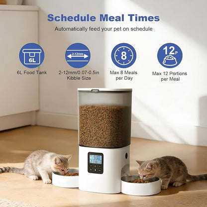 Automatic Cat Feeder, 6L Cat Food Dispenser with 10s Voice Recorder, Pet Feeder up to 8 Meals per Day, Timed Feeder with Dry Food Sealed Ring (White-D-Basic)