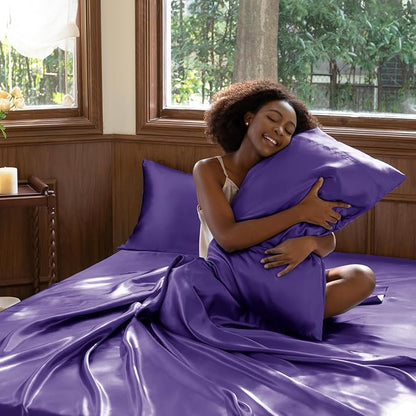 CozyLux Satin Sheets Twin Sheet Set - 3 Piece Silky Twin Bed Sheets, Luxury Purple Sheet Twin Size Bed Set with Smooth and Soft Microfiber, Includes 1 Fitted Sheet, 1 Flat Sheet and 1 Pillowcase