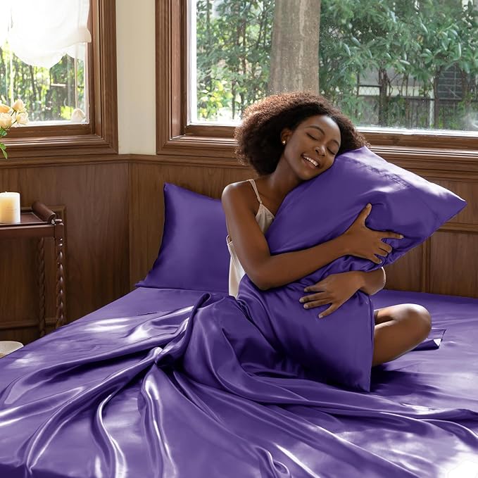 CozyLux Satin Sheets King Size Sheet Set - 4 Piece Silky King Sheets, Luxury Purple King Bed Set with Smooth and Soft Microfiber, Includes 1 Fitted Sheet, 1 Flat Sheet and 2 Pillowcases