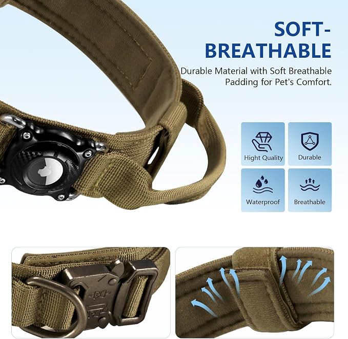2026 Upgrade Military Tactical Dog Collar with Waterproof AirTag Holder - Heavy Duty Nylon GPS Tracking Collar with Control Handle & Metal Buckle for Medium Large Dogs (Khaki, L)