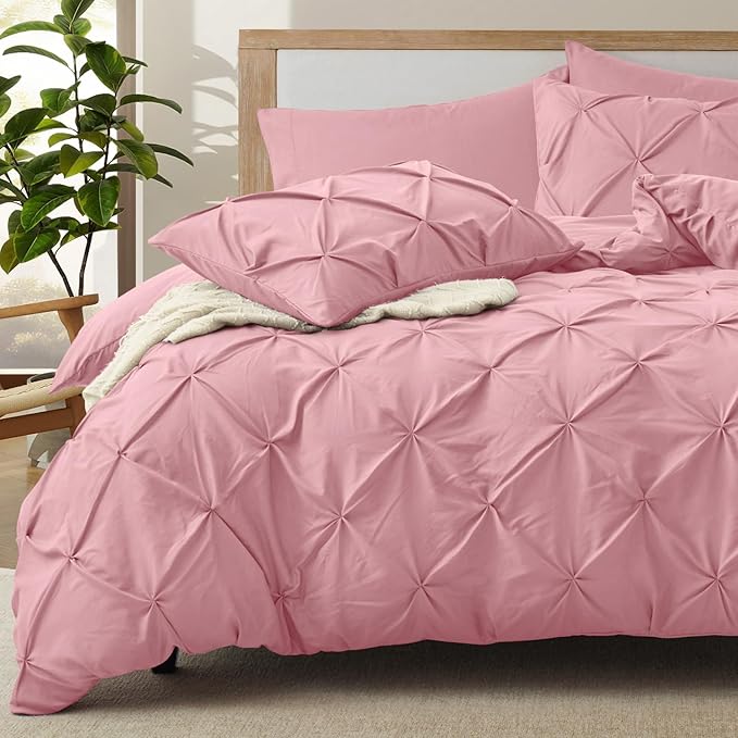 VACVELT 5 Piece Pinch Pleated Duvet Cover King Size Set, Pink Pintuck Duvet Cover with Zipper & 8 Ties, Shabby Chic Microfiber Duvet Cover + 2 Pillow Shams + 2 Pillowcases, No Comforter