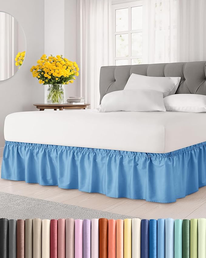 Wrap Around Dust Ruffle Bed Skirt - Denim Blue - for King Size Beds with 12 Inch Drop - Elastic Strap - Adjustable Pleated Bedskirt with Brushed Fabric and Wrinkle Free - for Women, Men, Kids & Teens