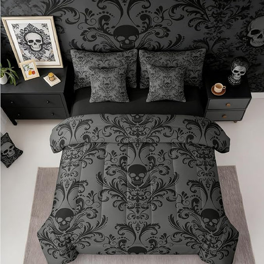 Erosebridal Gothic Damask Bed in a Bag Queen Comforter Set 7 Piece,Sugar Skull Bedding Sets Black Grey Victorian Floral Goth Sheet Set with Comforter