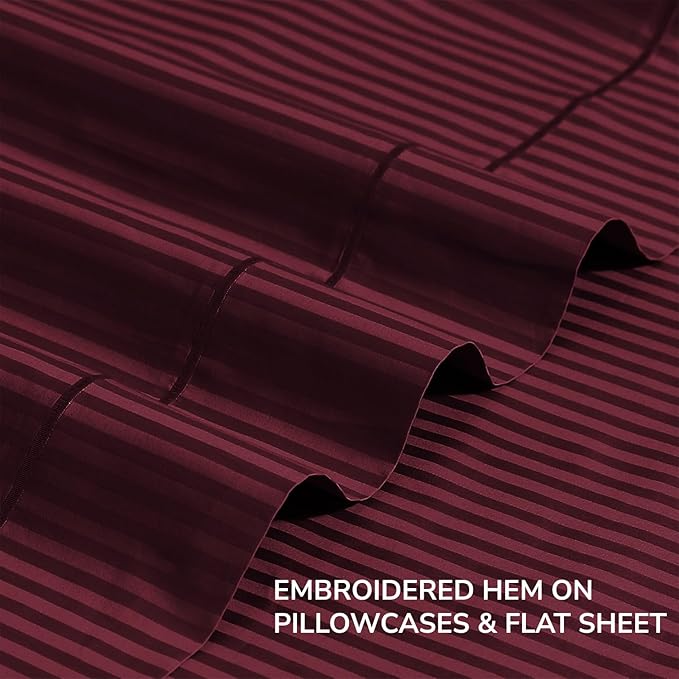 Feather & Stitch 500 TC Full Size Damask Bed Sheet Set, 100% Cotton Soft Breathable Bedsheets, 4 Piece 18" Deep Pockets Sateen Weave Striped Bedding Mattress Resort Hotel Luxury- (Burgundy Stripe)
