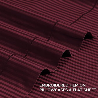 Feather & Stitch 500 TC Full Size Damask Bed Sheet Set, 100% Cotton Soft Breathable Bedsheets, 4 Piece 18" Deep Pockets Sateen Weave Striped Bedding Mattress Resort Hotel Luxury- (Burgundy Stripe)
