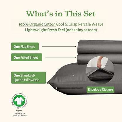 California Design Den Twin Sheets Set - Deep Pocket 100% Organic Cotton Sheets, Cool & Crisp Percale, Durable Bedding Set - Grey