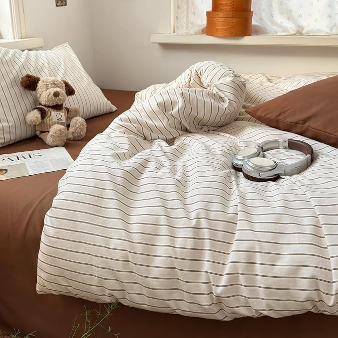 Striped Comforter Set Queen 3 Pieces Beige Stripes Bedding Set, Beige Khaki Brown Striped Design, 100% Microfiber, Super Soft Lightweight Comforter with 2 Pillowcases, All Season