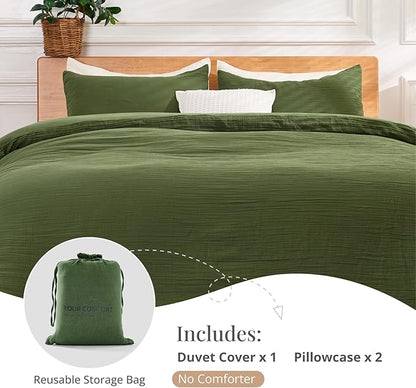 Green Duvet Cover King, 100% Sandwashed Cotton Soft King Size Duvet Cover Set 3 Pieces with Zipper Clousre & Corner Buttons (Green, King 104 x 90)