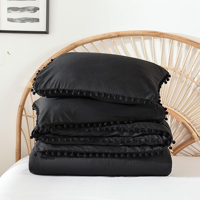 YIRDDEO Twin Comforter Set - Comforter Twin Size Bed with Ball Pom Fringe, Soft Bedding Set for All Seasons - 2 Pieces, 1 Comforter (66"x90") & 1 Pillow Sham(20"x26"), Black
