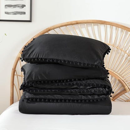 YIRDDEO Twin Comforter Set - Comforter Twin Size Bed with Ball Pom Fringe, Soft Bedding Set for All Seasons - 2 Pieces, 1 Comforter (66"x90") & 1 Pillow Sham(20"x26"), Black