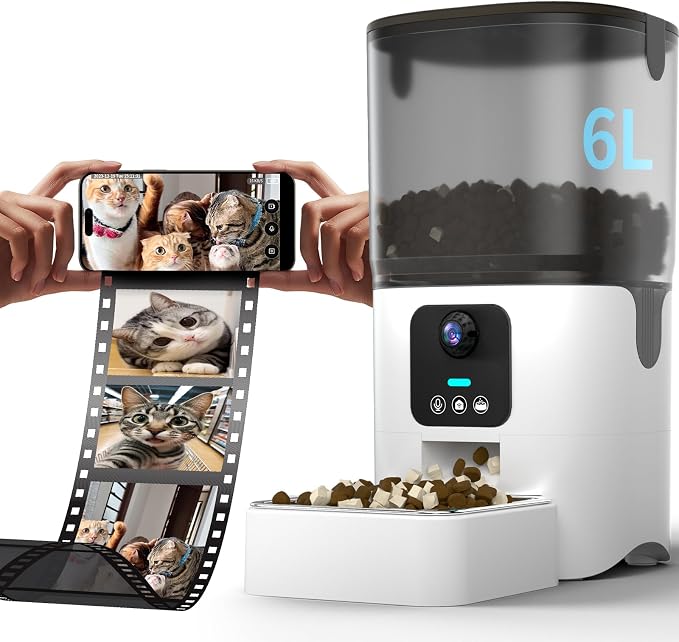 PAPIFEED Automatic Cat Feeder with Camera, 1080P HD & Night Vision, 6L Cat Food Dispenser with App, 5G WiFi Timed Cat Feeder for Dry Food, 2-Way Audio, Smart Pet Feeder for Dog, 1-10 Meals/Day, White