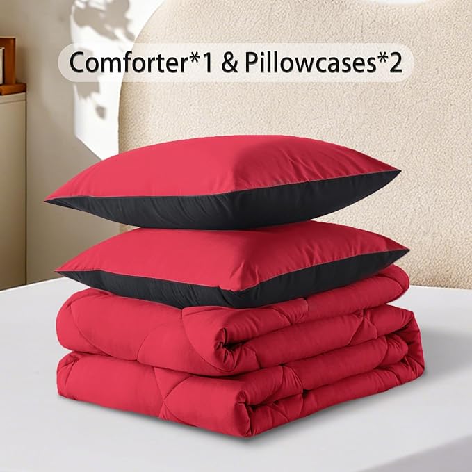 3-Piece Queen Comforter Set,All-Season,Soft & Hypoallergenic &Breathable Bedding,Polyester Quilted,Down Alternative(Comforter*1 & Pillowcases*2),Black/Bright Red