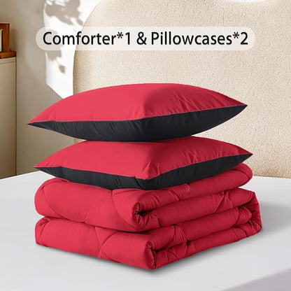 3-Piece King Comforter Set,All-Season,Soft & Hypoallergenic &Breathable Bedding,Polyester Quilted,Down Alternative(Comforter*1 & Pillowcases*2),Black/Bright Red