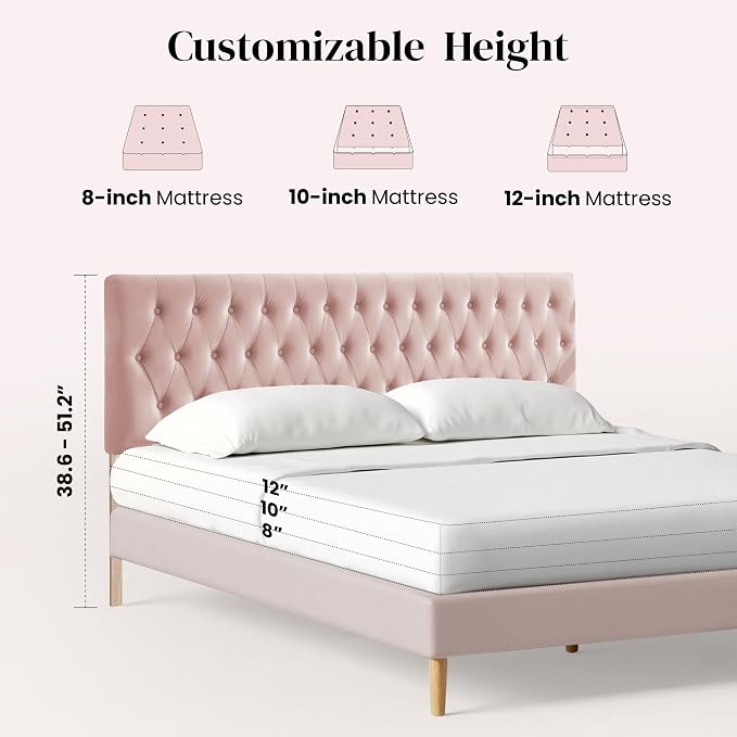 Tufted Upholstered Full Size Bed Headboard in Modern Button Design, Adjustable Solid Wood Head Board, Premium Velvet Fabric Padded Headboards in Bedroom (Pink)