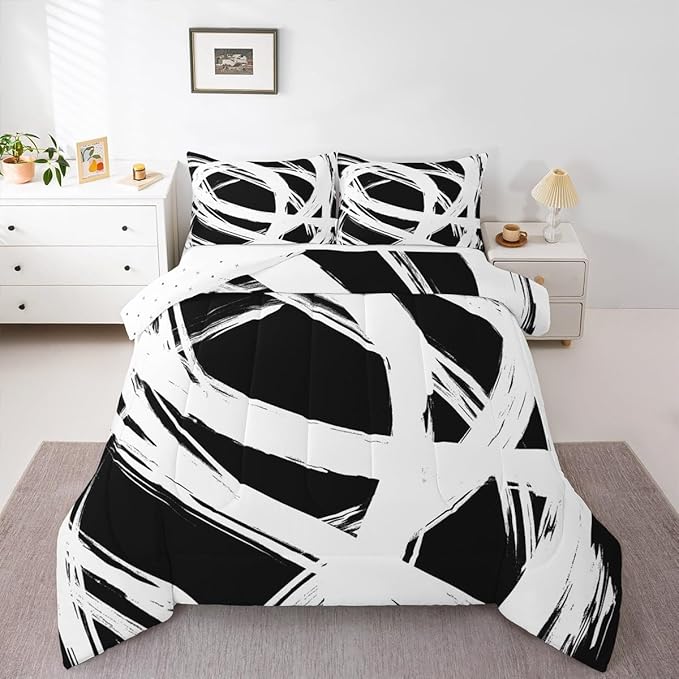 Erosebridal White and Black Abstarct Queen Comforter Set for Adult Women Men, Geometric Striped Bedding Set for Minimalists,Graffiti Aesthetic Lines Quilt,Contemporary Boho Modern Art Duvet Insert