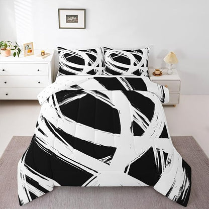 Erosebridal White and Black Striped King Bedding Set for Kids Teens Adults, Geometric Striped Comforter Set for Minimalists,Graffiti Aesthetic Lines Duvet Insert,Contemporary Boho Modern Art Quilt
