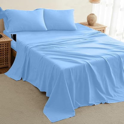 DREAMCARE Queen Sheet Set – 4 pcs Cooling Sheets – up to 21” Extra Deep Pocket Queen Sheets – Hotel Luxury Sheets & Pillowcases – Superior Softness 100% Fine Microfiber with Side Pocket – Light Blue