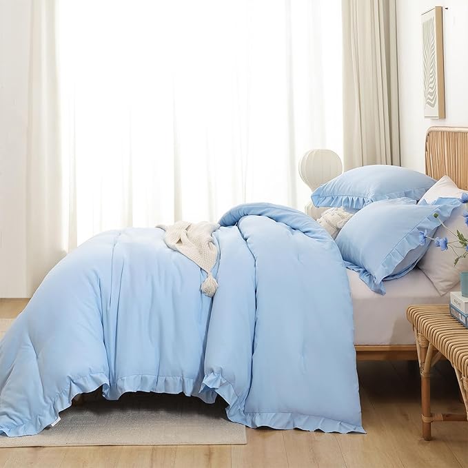 JANZAA Ruffle Light Blue Comforter Set Queen Size Comforter 3PCS 1 Emerald Comforter and 2 Pillowcases Vintage Farmhouse Shabby Chic Bedding Soft Fluffy Comforter Set All Season (Light Blue, Queen)