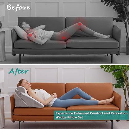 Wedge Pillow Headboard, 3PCS Orthopedic Bed Wedge Pillows Set for After Surgery, Adjustable Pillow Wedge for Acid Reflux&Back Pain Relief, Sleeping, Back Pillow for Bed Sitting Up, White/Grey