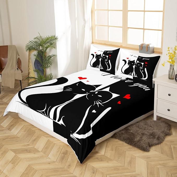 Cats Lovers Duvet Cover Twin Size,Cute Cat Valentine's Day Bedding Set for Kids Teens,Black White Couples Comforter Cover Soft Quilt Cover,No Comforter