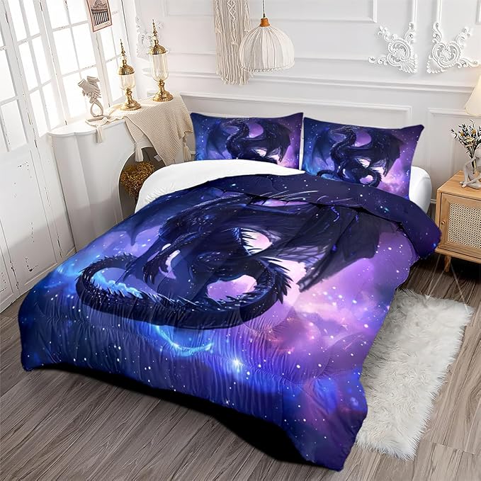 Black Dragons Bedding Set Outer Space Starry Sky Comforter Set Twin Size Western Castle Fairy Dragons Comforter 3D Animals Dragon Bed Set for Kids Boys Teens Women Decor Black Purple
