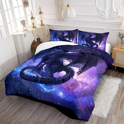 Black Dragons Bedding Set Outer Space Starry Sky Comforter Set Twin Size Western Castle Fairy Dragons Comforter 3D Animals Dragon Bed Set for Kids Boys Teens Women Decor Black Purple