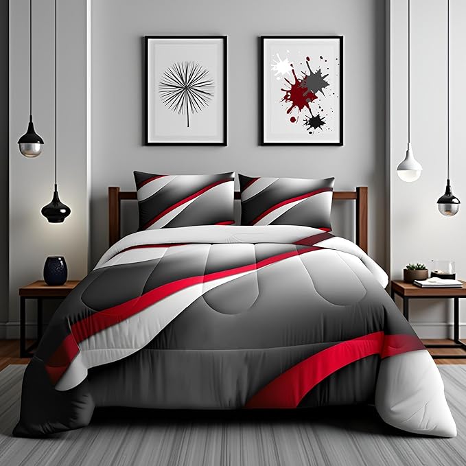 Castle Fairy Modern Gray Red Black Comforter Set Twin Size Abstract Stripes Quilt Set 2pcs for Kids Youth Men Women Bedroom Decor 3D Stripes Bedding Set Gradient Simple Duvet Insert,1 Pillowcase