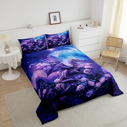 Dragon Comforter Set King Size,Purple Nebula Galaxy Bedding Set for Kids Boys Girls Room Decor,Starry Sky Rose Flower Duvet Insert 3Pcs,Western Magical Dragon Microfiber Quilt Set,2 Pillowcases