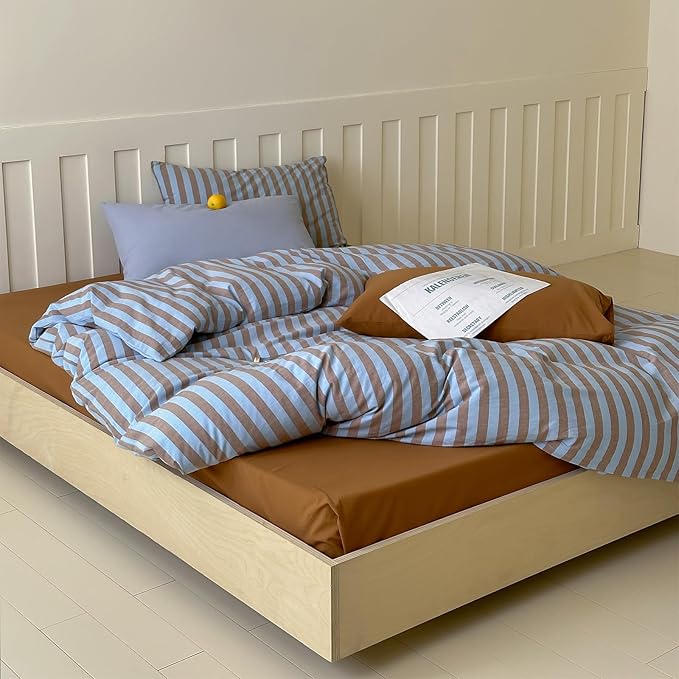 LifeTB Vintage Striped Comforter Set Twin XL, Blue Brown Stripes Print Reversible Bedding Set, 3 Pieces Lightweight Bedding Comforter with 2 Pillowcases, Farmhouse Striped Twin XL Comforter Set
