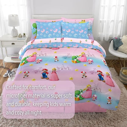 Super Mario Girl Princess Peach Girl Gamer Kids Bedding Super Soft & Cozy Reversible Microfiber Comforter and Sheet Set with Sham, 7 Piece Full Size, (Officially Licensed Product) By Franco