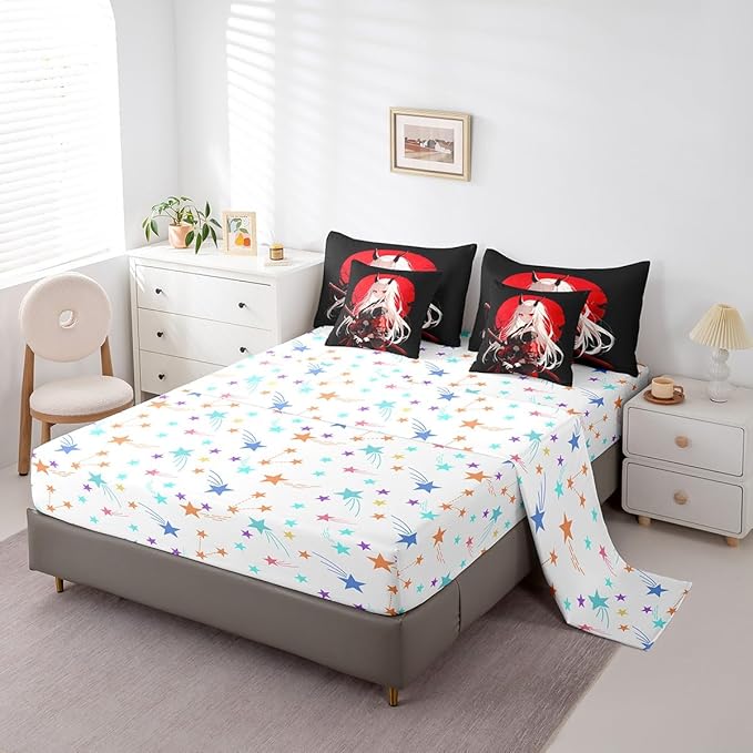 Erosebridal Queen Japanese Anime 7 Piece Comforter Set for Kids, Anime Girl Bed in A Bag Kawaii Japanese Style Bedding Set Cartoon Japan Animation Bed Set for Boys Teen Adult Women Bedroom