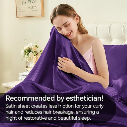 BEDELITE Satin Sheets Twin XL Size Bed Set, Luxury Soft Plum Purple Sheets for Hair and Skin, Similar to Silk Bed Sheets Set 3 Pieces with 1 Deep Pocket Fitted Sheet, 1 Flat Sheet, and 1 Pillowcase