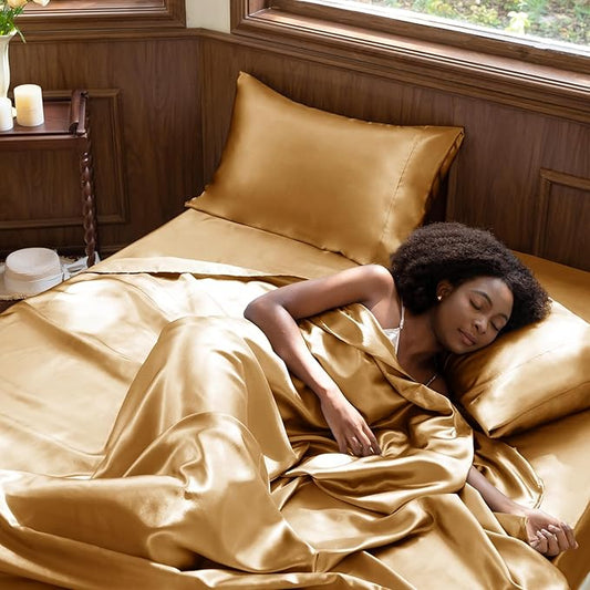 CozyLux Satin Sheets Queen Size Bed Set - 4 Piece Silky Queen Sheet Set, Luxury Gold Queen Sheets with Smooth and Soft Microfiber, Includes 1 Fitted Sheet, 1 Flat Sheet and 2 Pillowcases