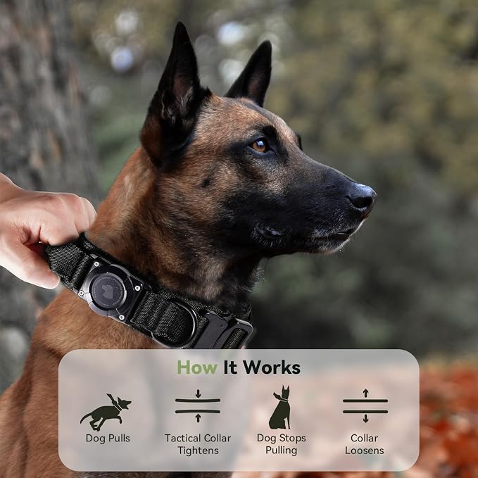 2026 Upgrade Waterproof Tactical AirTag Dog Collar, Built in AirTag Holder | Comfortable Control Handle, Quick Release Metal Buckle, Durable 1000D Nylon, For Medium to Large Dogs, Black, L